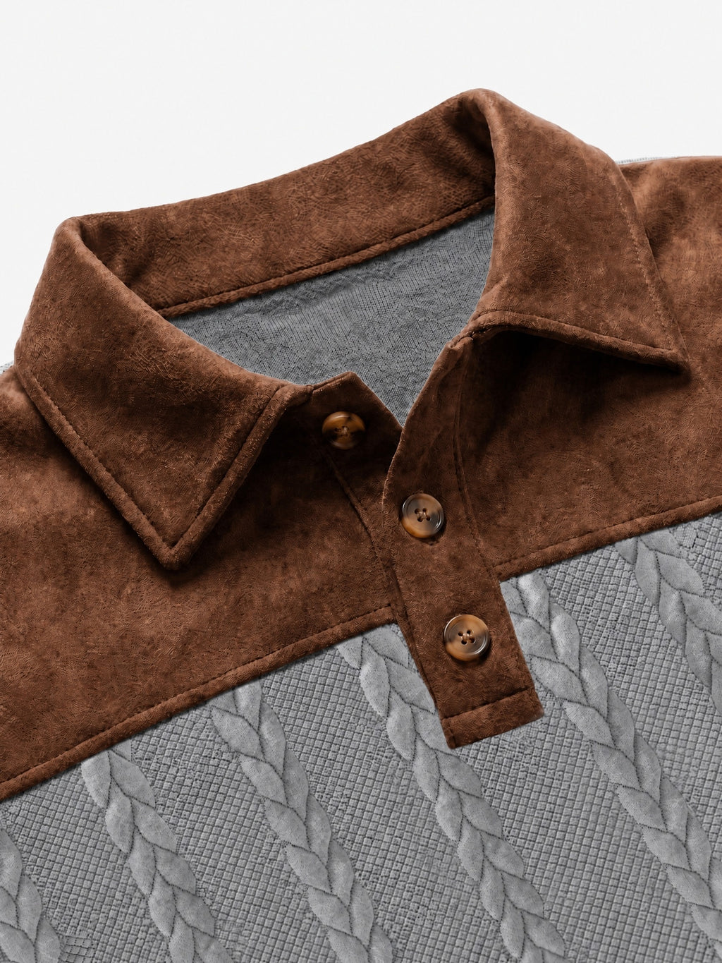 New Men's Autumn/Winter Brushed Ribbed Cable Knit Casual Color-Block Jacquard Long Sleeve Patchwork Plush Sport Henley High-Neck Top - Grey