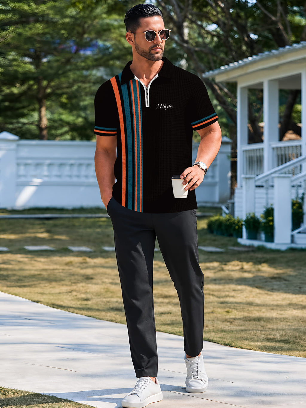 Men'S Asymmetrical Vertical Stripe Half-Zip Polo Shirt, Summer Waffle Breathable Light Mature Style Short Sleeve T-Shirt, Men'S Business Casual Asymmetrical Striped Polo Shirt, Commute Half-Zip Collar Breathable Short Sleeve Top - Mixed colors