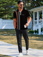 Men'S Asymmetrical Vertical Stripe Half-Zip Polo Shirt, Summer Waffle Breathable Light Mature Style Short Sleeve T-Shirt, Men'S Business Casual Asymmetrical Striped Polo Shirt, Commute Half-Zip Collar Breathable Short Sleeve Top - Mixed colors