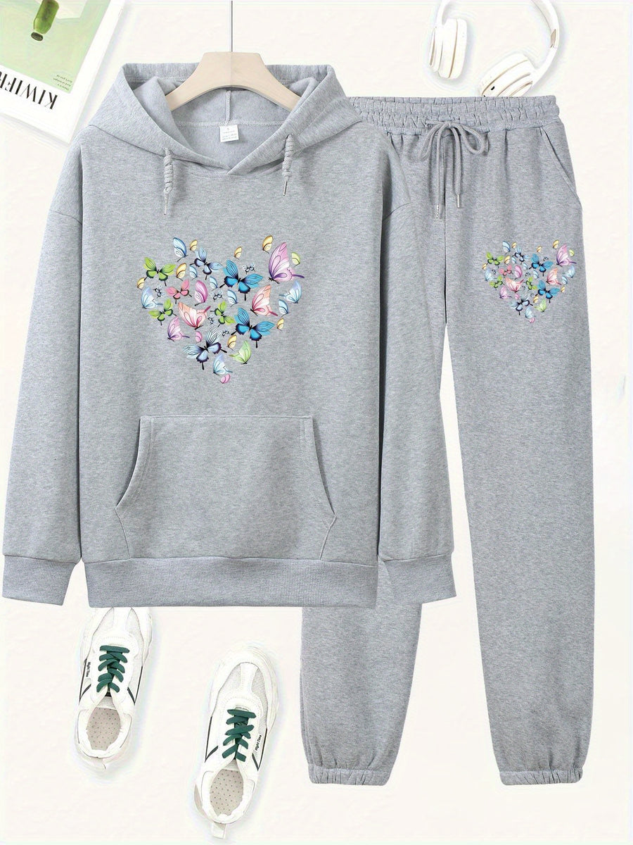 Butterfly Heart Print Hoodie And Pants Set, Casual Long Sleeve Hoodie And Jogger Set, Women'S Hooded Pocket Outfit - Grey