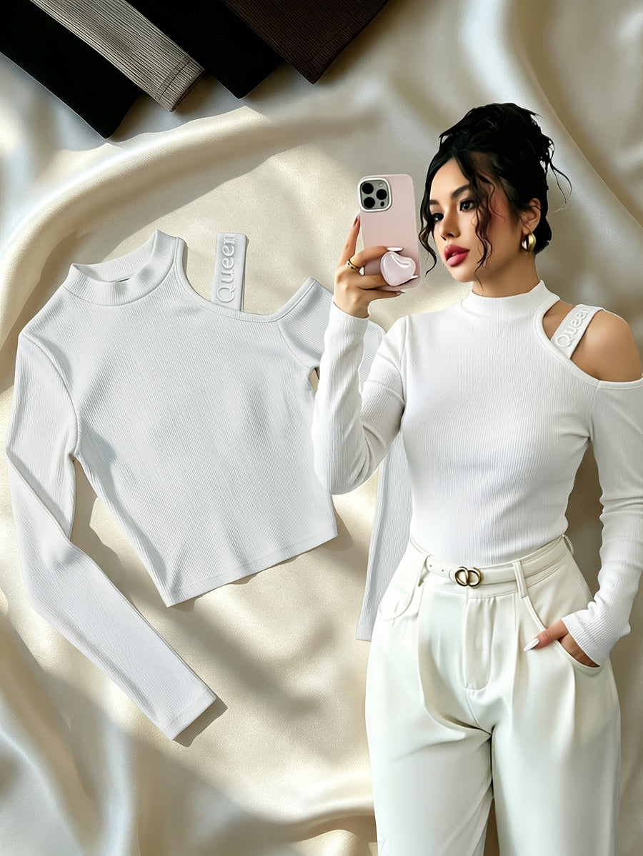 Women'S Spring Autumn High Neck Off-Shoulder Top with Embroidered Letters on Shoulder Straps, Fitted Short Blouse T-Shirt - White