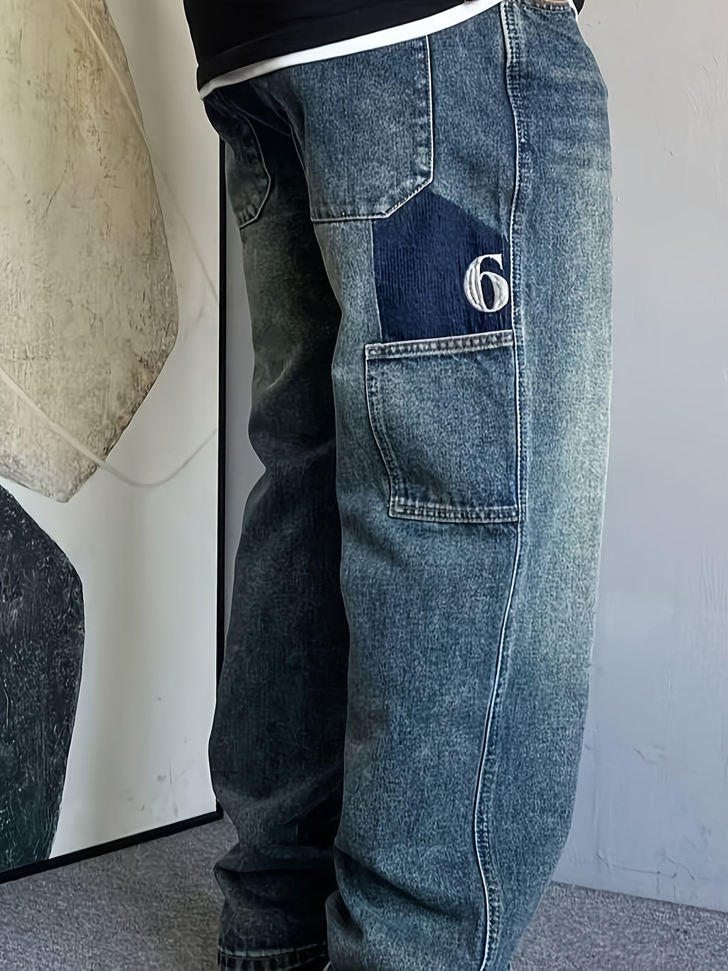 Men's Vintage Washed Straight Leg Cargo Denim Jeans with Side Patch Pockets & Number 6 Embroidery - Blue