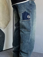Men's Vintage Washed Straight Leg Cargo Denim Jeans with Side Patch Pockets & Number 6 Embroidery - Blue