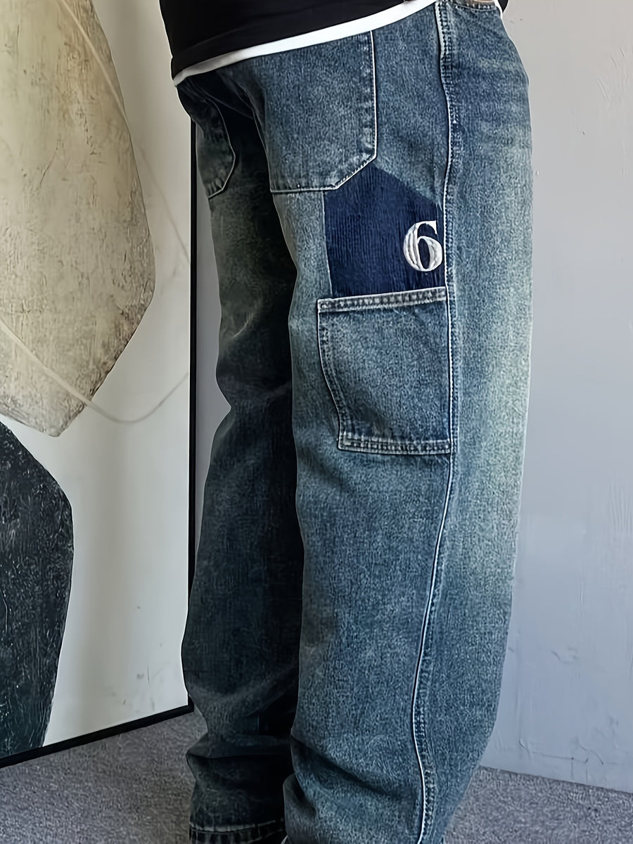 Men's Vintage Washed Straight Leg Cargo Denim Jeans with Side Patch Pockets & Number 6 Embroidery - Blue
