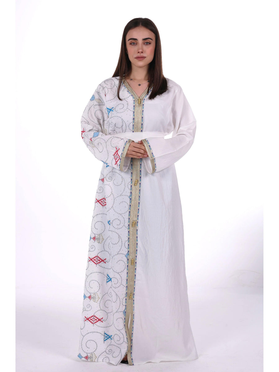 Middle East Women's New Traditional Style Dress Kaftan Robe Jalabiya Festival Evening Gown Abayas Suitable for Holiday Party Wear Women's Evening Dress, Casual Dress with belt - White