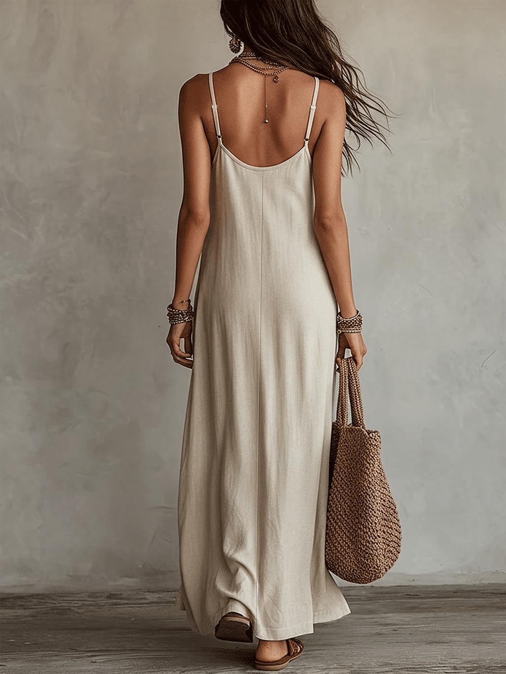 Women'S Spaghetti Strap Maxi Dress, V-Neck Loose Flowing Long Dress, Bohemian Casual Beach Vacation Summer Beach Dress - Off-white