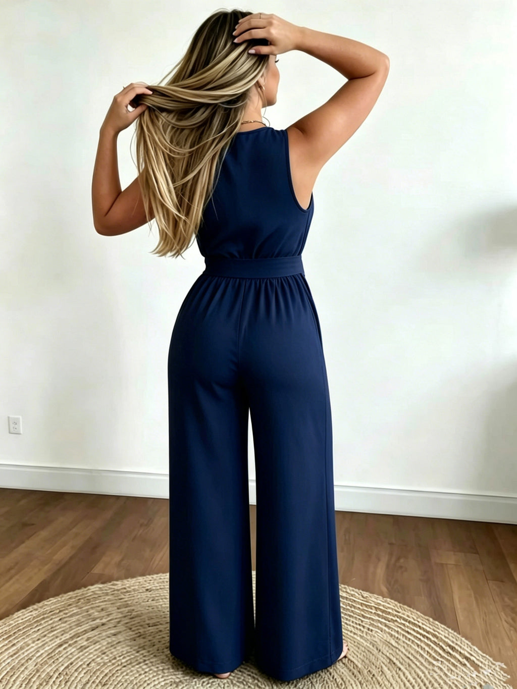 Targeted Development \ Women'S Western Style V-Neck Sleeveless Waist Bow Design Casual Fashion Versatile Jumpsuit - Suitable for Office, Home, Vacation - Navy Color