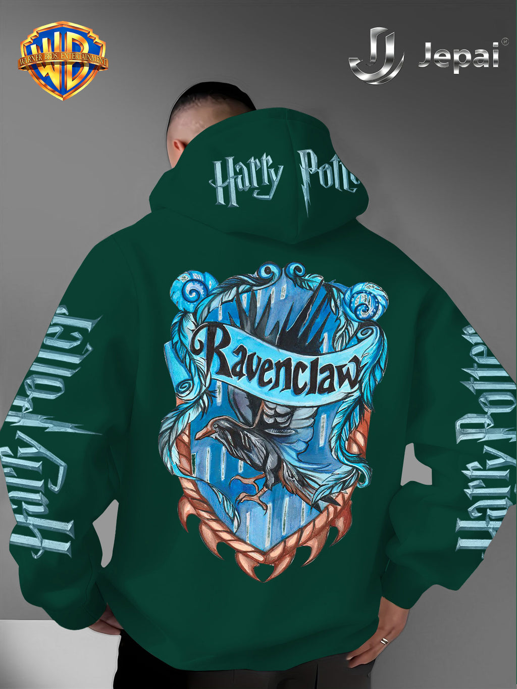 Warner Bros. Official, Trendy Cool American Street Style Harry Potter Badge Print Hooded Sweatshirt, Unisex American Street Style Long-Sleeve Top, Suitable for Daily and Outdoor Activities, an Excellent Warm Outerwear Choice for Autumn and Winter! - Green