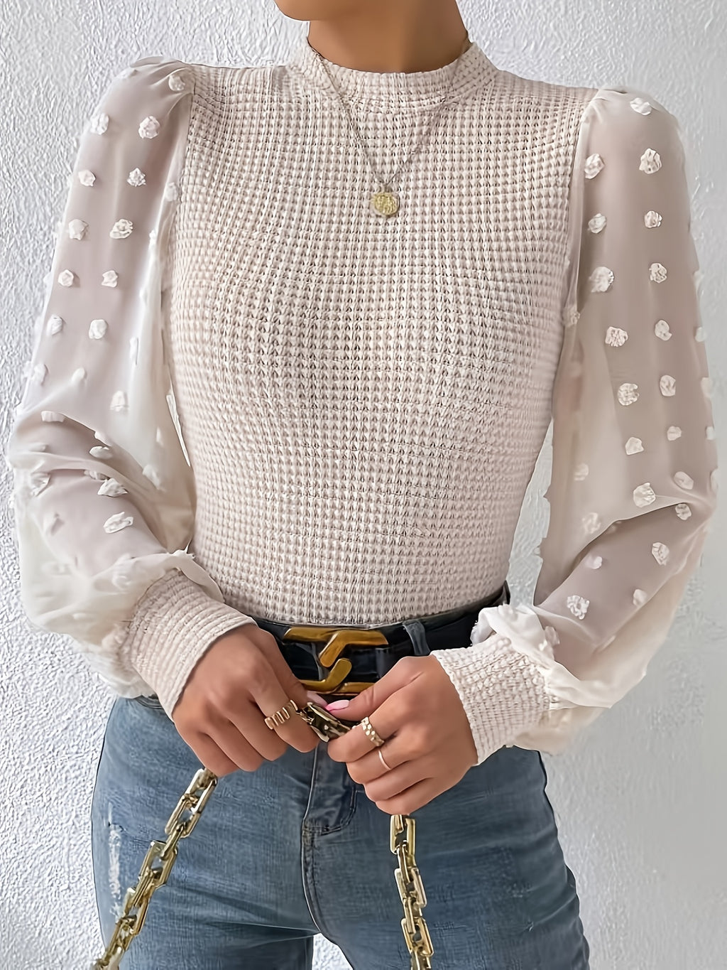 Elegant Fitted Mesh Long-Sleeve Top - Off-white