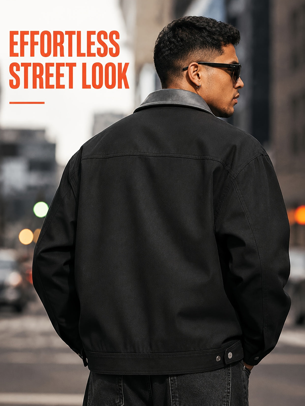 Men'S Color-Block Collar Cargo Jacket, Zipper Button-Front Double Breasted, Multi-Pocket Chest, Drop Shoulder Loose Short Retro Streetwear Coat - Black