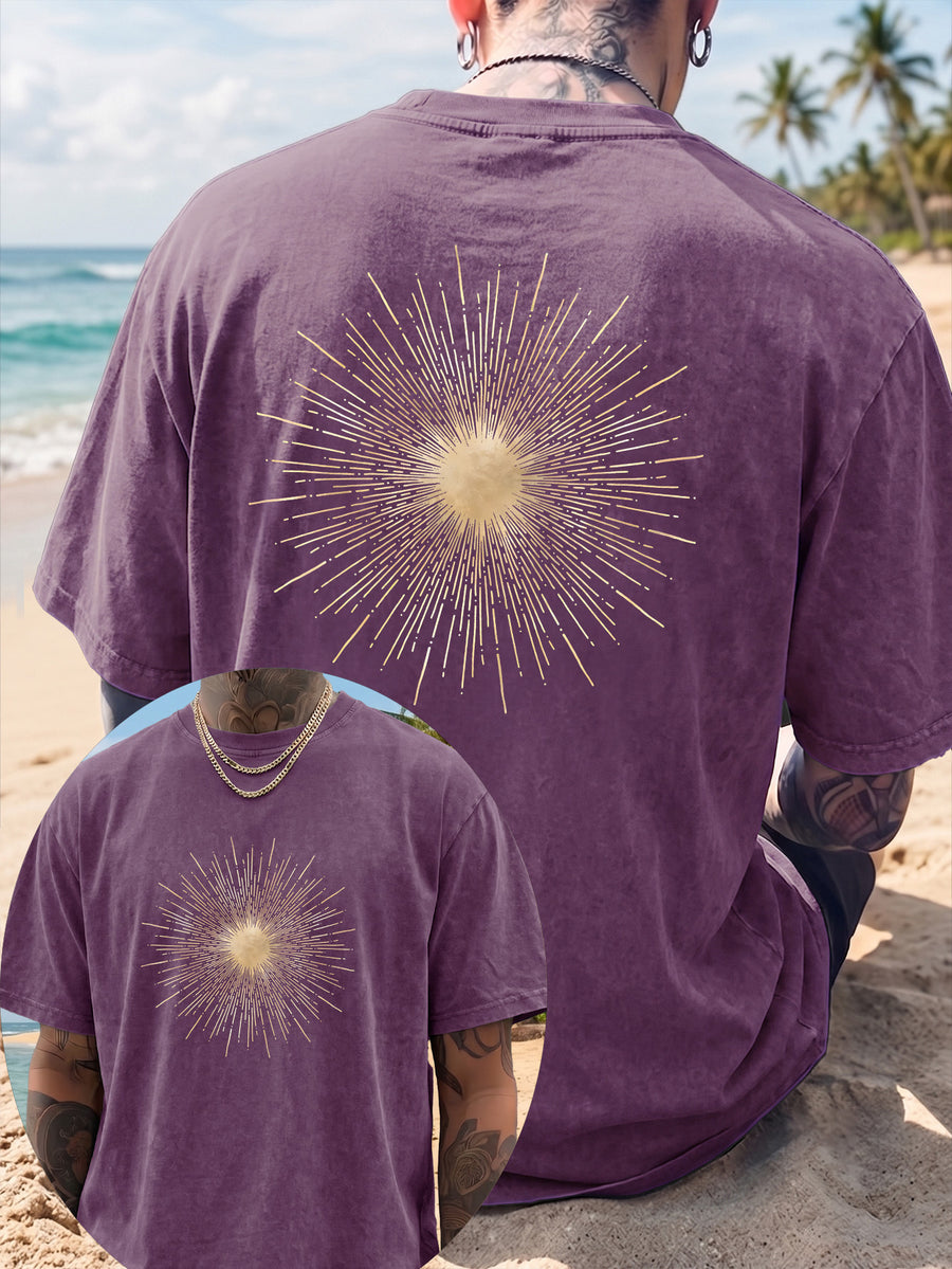 Men's Short-Sleeve T-Shirt, Pure Cotton, Loose Fit, Washed and Distressed, Sunburst Starlight Pattern, Trendy Reverse Double-Sided Print, Multiple Colors for Mix and Match, American Streetwear Hip-Hop High Street Top, for Daily Outings - Purple