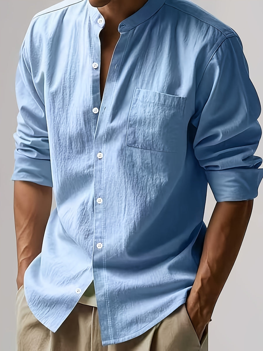 Spring New Men'S Linen Mandarin Collar Long Sleeve Shirt, Neo-Chinese Minimalist Style, Breathable Linen Fabric, Versatile Business Casual, Great Gift for Elders And Boyfriends, 1pc. Gift Box And Props Are for Decorative Purposes Solely - Sky Blue