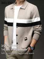 New Autumn Winter Men'S Striped Knit Cardigan, Ideal Gift for Dad And Husband, Lapel Collar Button Design, Soft Comfortable Knit Sweater, Minimal Elegant Versatile Top Cardigan Coat for Daily Outing Business Casual Camping Wear - Camel