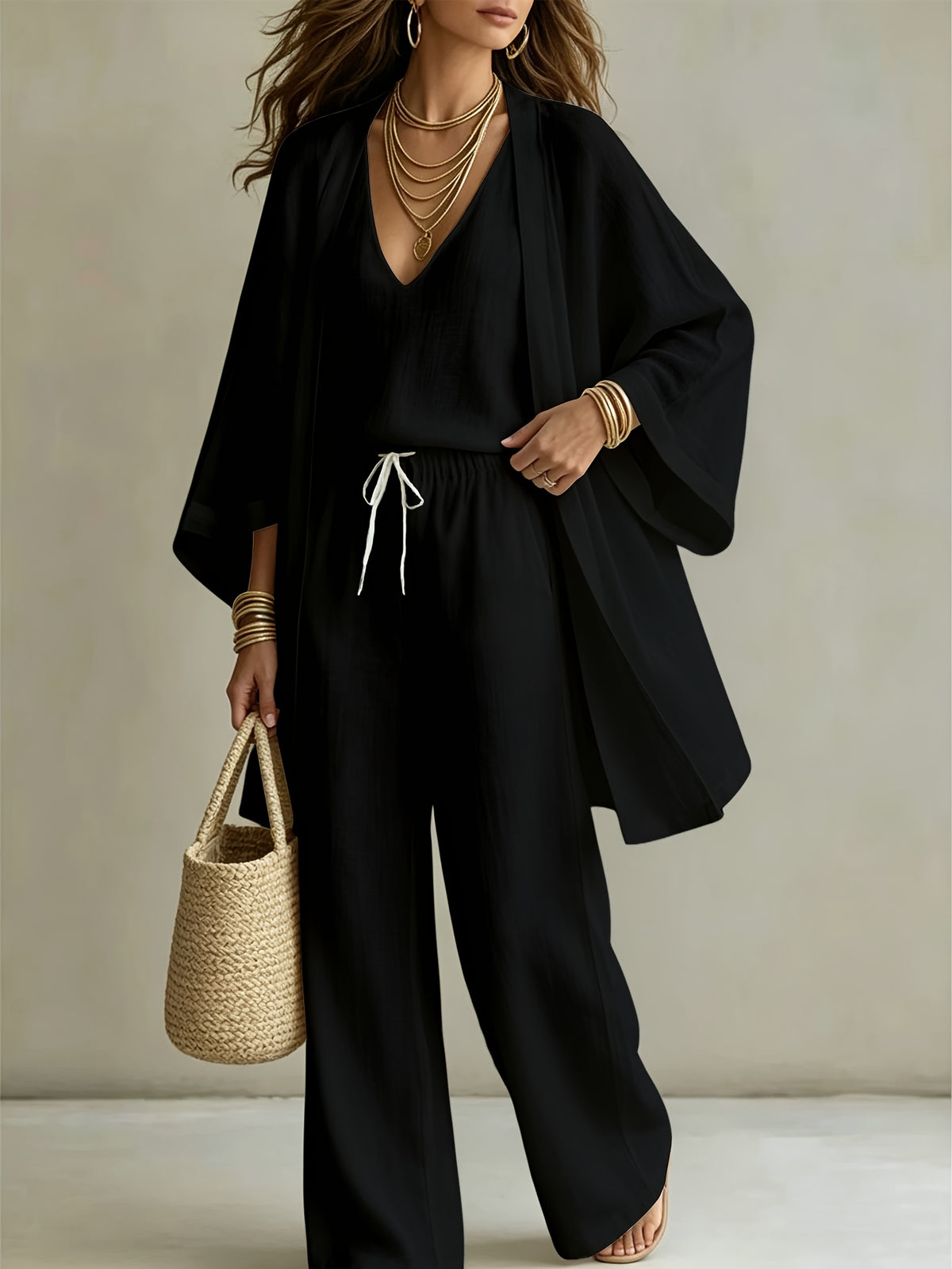 3pcs Set, Women's Spring/summer Vacation-style Loose Spaghetti Strap Tank Top with Cardigan and Loose Wide-leg Pants Casual Set, Elegant and Fashionable, Comfortable and Casual, Suitable for Commuting Wear - Black