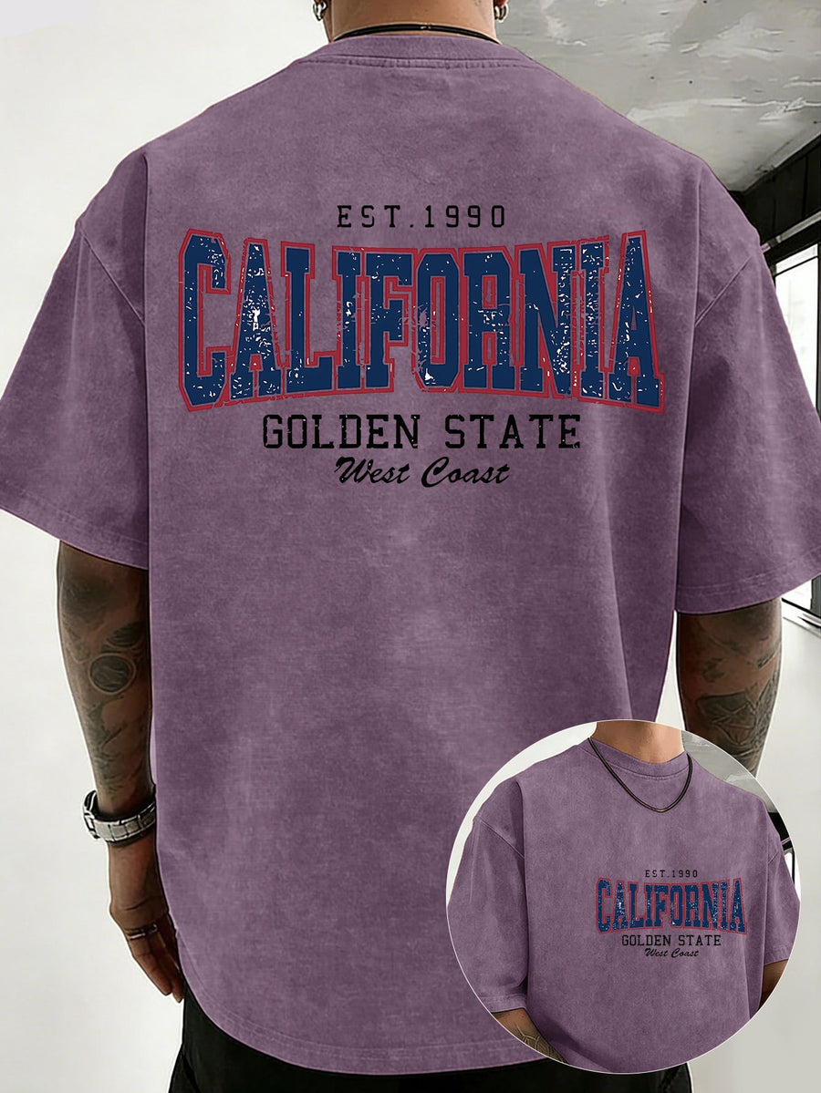 Midsummer Festival Holiday Style Unisex T-Shirt, Pure Cotton Washed Distressed, Double-Sided Print, Breathable and Sweat-Absorbent, Loose Fit for Outdoor Hiking, Sports, Trendy Casual Short Sleeve - Purple