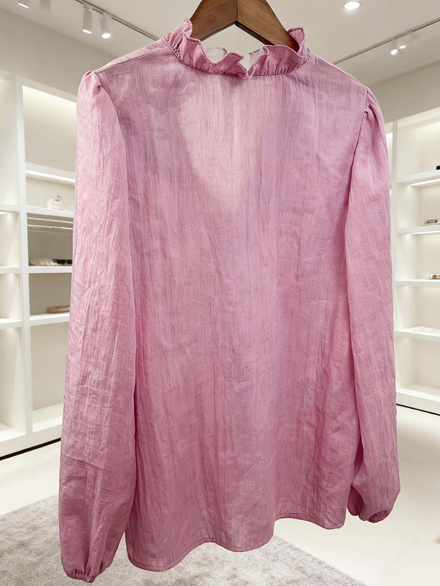 Women's Elegant and Comfortable Loose-Fit Vintage Style Ruffle V-Neck Lantern Sleeve Shirt, Versatile Top for a Feminine Look - Pink