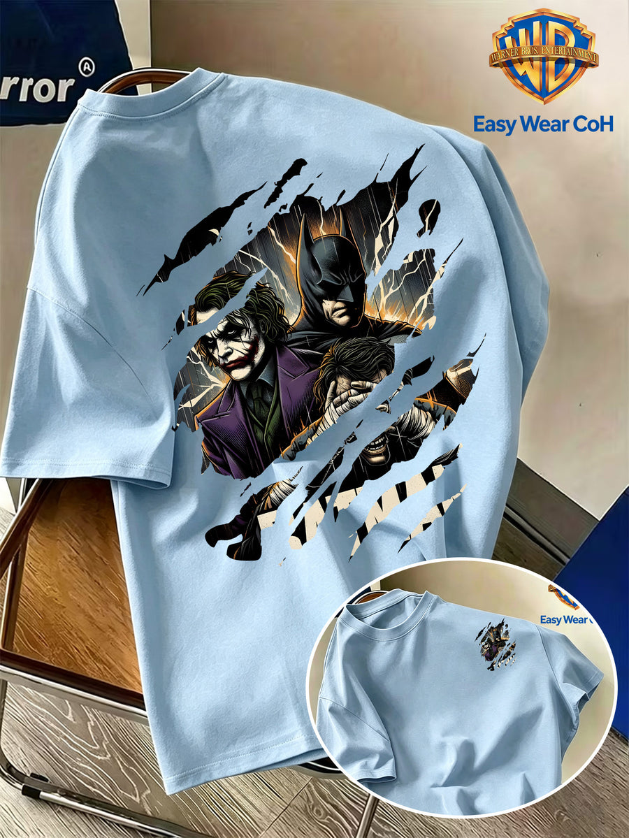 Warner Bros. Official New Men's Casual Crew Neck Short Sleeve T-Shirt, Front and Back Tear Effect Print with Batman Core Joker Villain Group Creative Graphic, American Dark Comic Style Men's Top, Unique and Hard to Match, Soft, Skin-Friendly - Light Blue