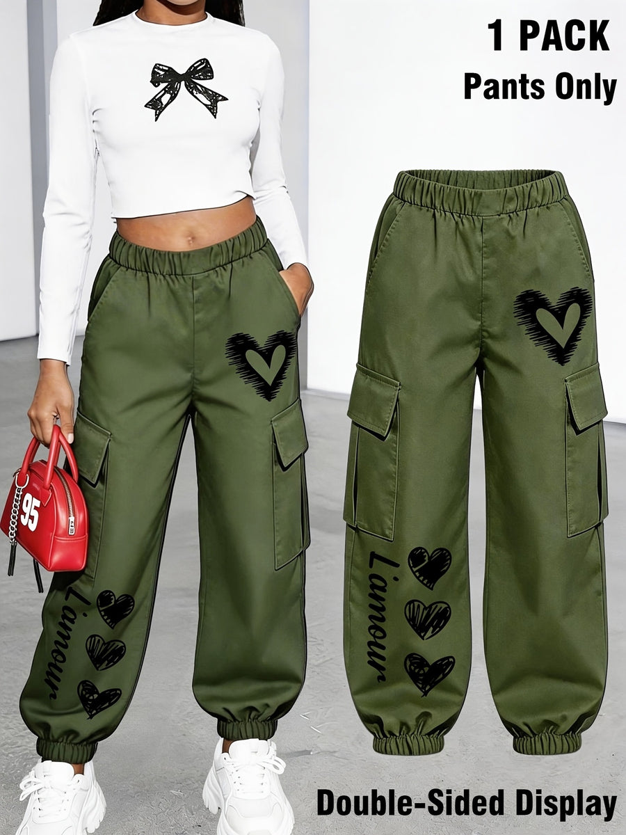 New Arrival - Women's Cargo Pants Sold Individually, Cute and Fun Heart Print Work Pants with Multiple Pockets, Cargo Pants Style, Long Pants for Fashionable Aged 18-25, Machine Washable, Durable Fabric - Suitable for Spring and Summer - fern green