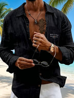 Men's Henley Shirt in Linen with Long Sleeves, Featuring Comfortable and Breathable Fabric with Trendy Printed Designs. Suitable for Daily Outings, Outdoor Sports, Travel, and Vacations. Lightweight and Breathable with a Regular Fit, Chest Pocket - Black