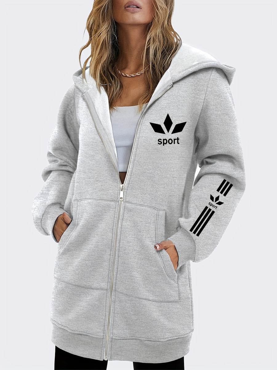 Women's Long Hooded Printed Sweatshirt Jacket, Autumn/Winter Thickened Hoodie, Versatile Loose Fit Casual Long Sleeve Zip-Up Cardigan Jacket - Grey
