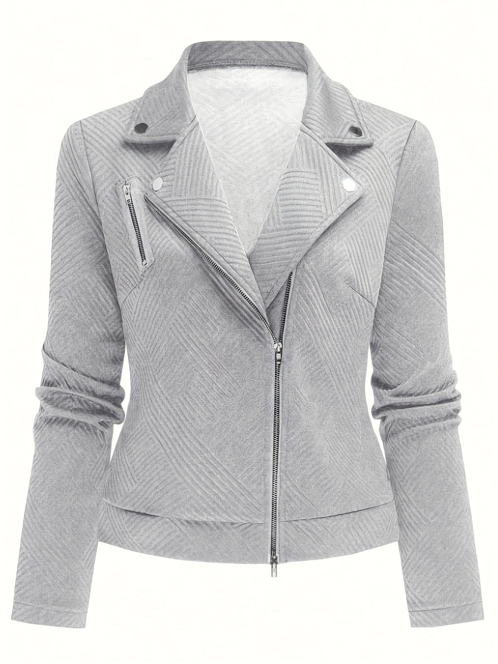 Women's New Solid Color Maze Grid Zipper Button Decorated Biker Jacket, a Stylish and Elegant Commuting, Outing, and Daily Wear Casual Jacket Top, Suitable for Autumn and Winter Seasons - Grey