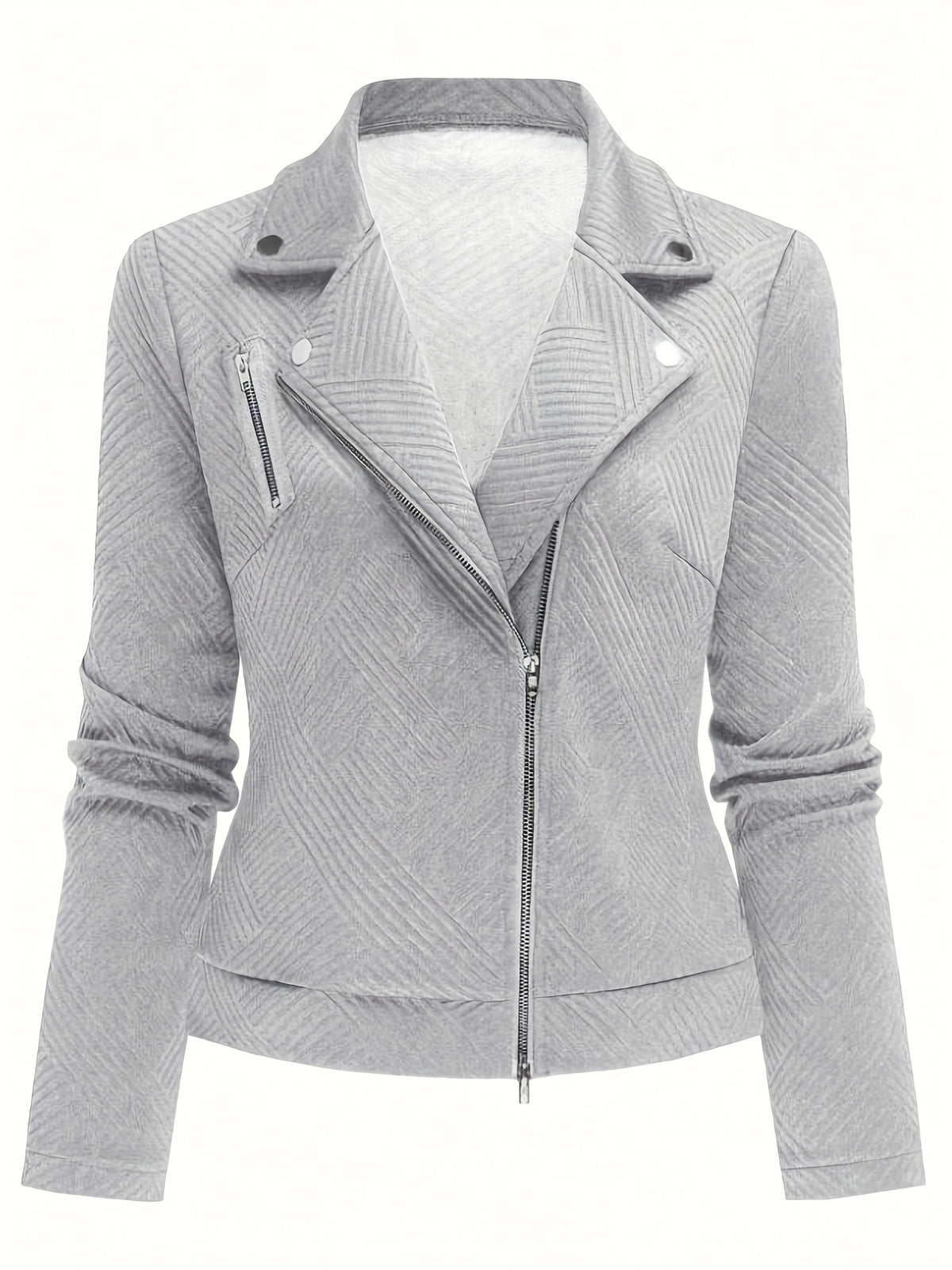 Women's New Solid Color Maze Grid Zipper Button Decorated Biker Jacket, a Stylish and Elegant Commuting, Outing, and Daily Wear Casual Jacket Top, Suitable for Autumn and Winter Seasons - Grey