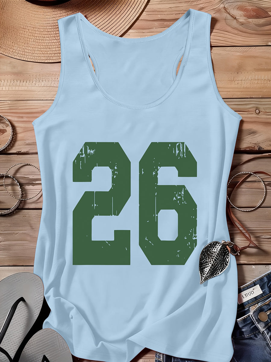 A Series of Arabic Numerals, a Comfortable And Casual Tank Top with a Full Print of The Letter '26', Suitable for Travel, Leisure, And Outdoor Street Scenes - Light Blue