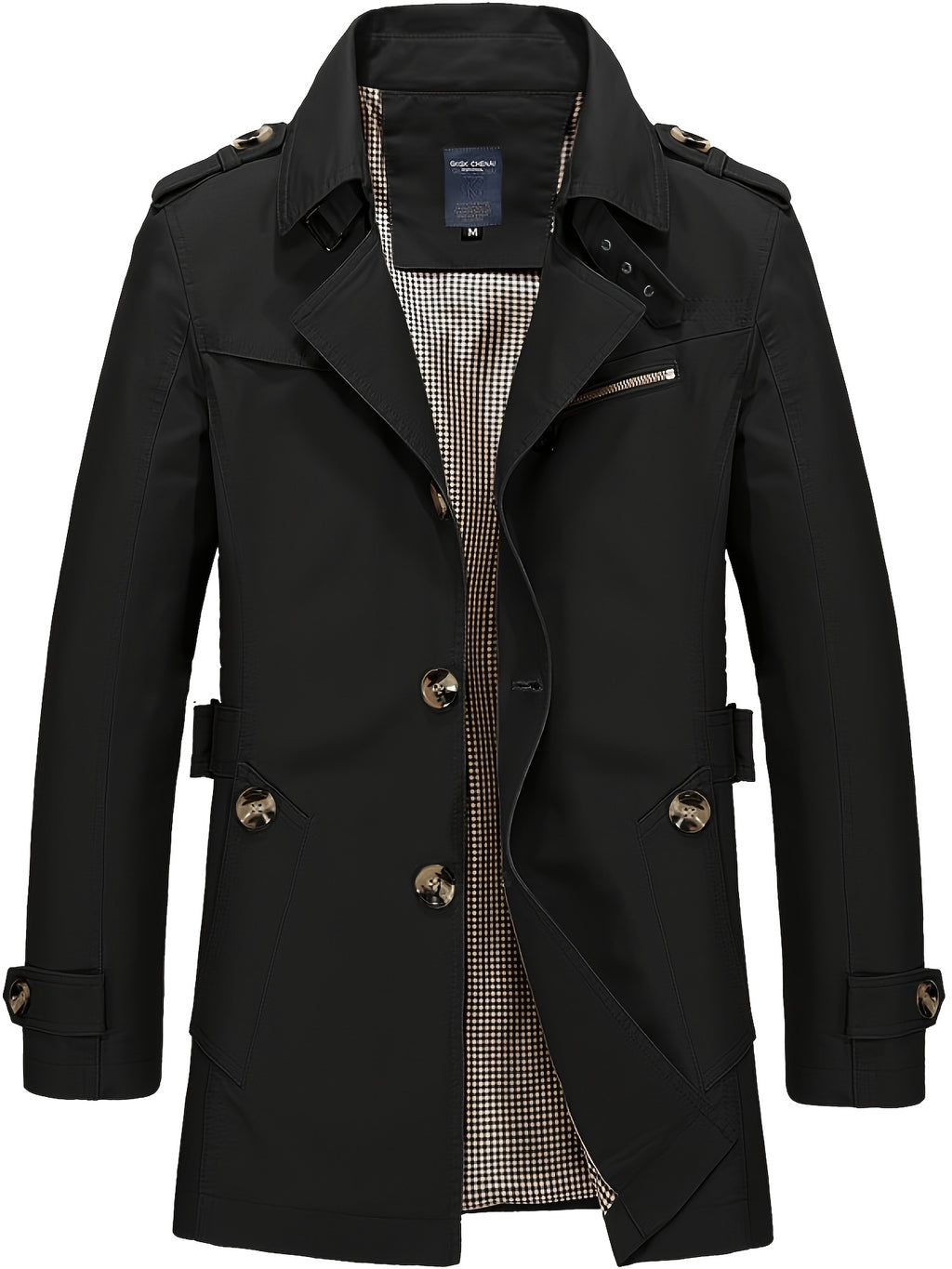 Men'S Lapel Mid-Length Casual Trench Coat, Single-Breasted Utility Style Jacket, with Epaulettes, Metal Buttons, Zipper-Decorated Pocket, Spring/Autumn Casual Outerwear, Suitable for Office And Daily Commute, Men'S Business Coat - Black