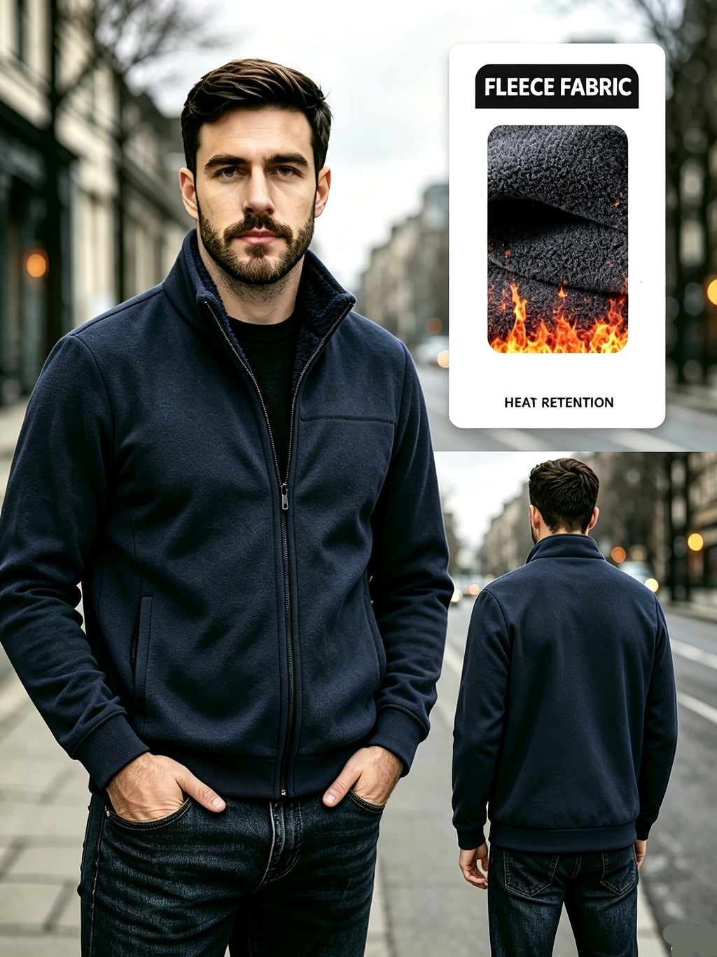 Men's Stand Collar Zip-Up Cardigan Jacket, Autumn/Winter Casual Thickened Warm Jacket - 20137-8608 Navy Blue
