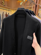 1pc Spring Autumn Men'S V-Neck Cardigan Knit Jacket Single Fake Button Cardigan Sweater Easy All-Match Casual Outerwear Knit Top - Black