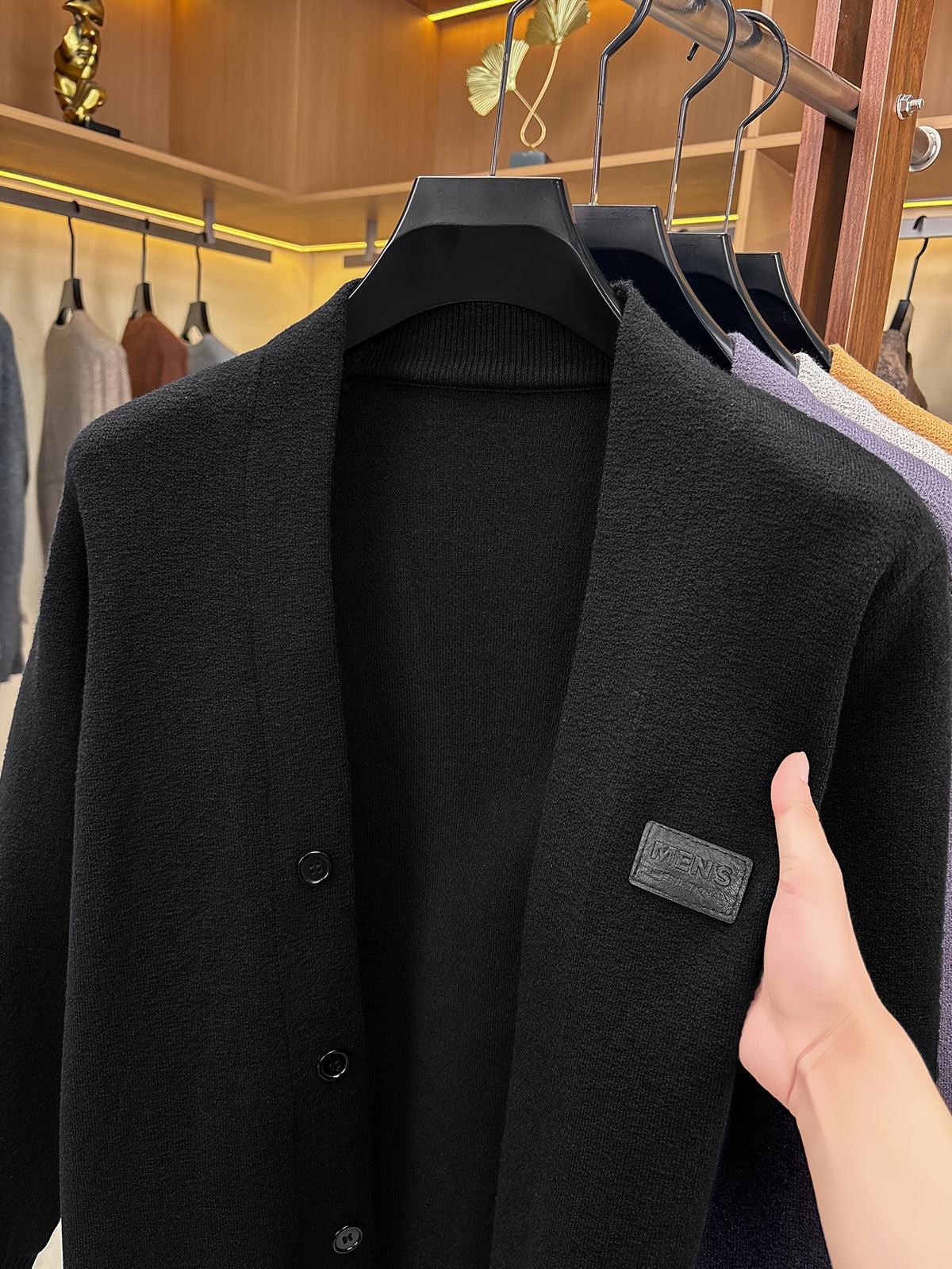 1pc Spring Autumn Men'S V-Neck Cardigan Knit Jacket Single Fake Button Cardigan Sweater Easy All-Match Casual Outerwear Knit Top - Black