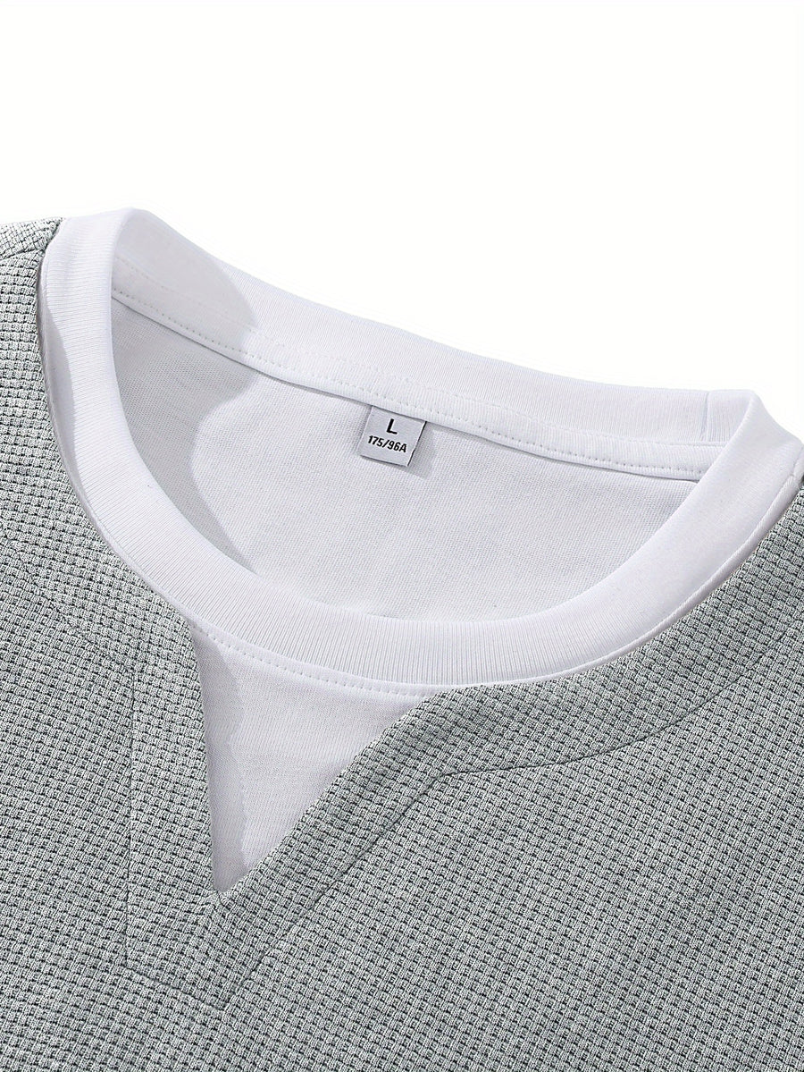 Men's Long-Sleeve T-Shirt, New Spring/Autumn Waffle Knit Fabric Top, 2-in-1 Look Design, Crew Neck Solid Color Base Layer Shirt - Grey