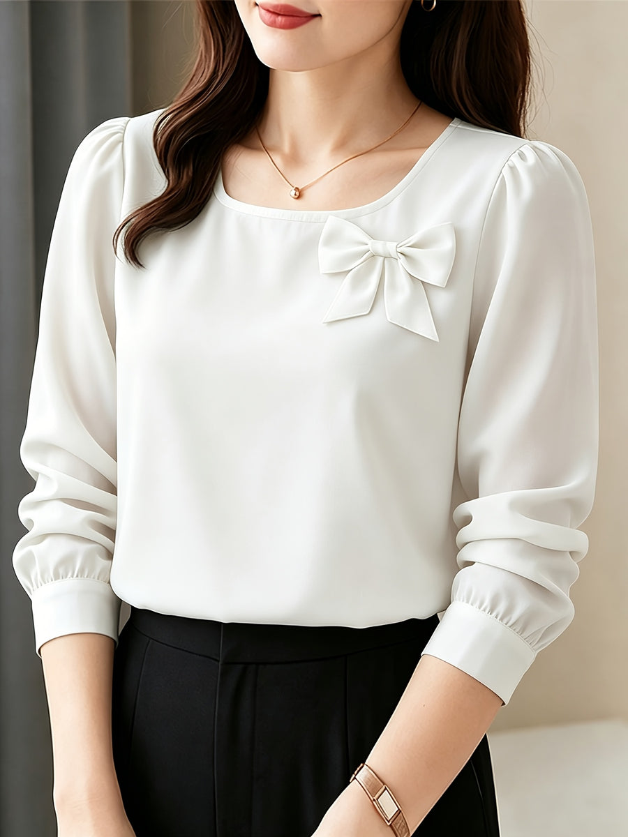 Elegant Casual Long-Sleeve Blouse with Bow and Lantern Sleeves, Solid Color Top ASD1 - White