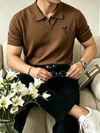 Men's Thin Knit Short-Sleeve Polo Shirt with Simple Line Hummingbird Embroidery and Lapel Collar, Casual Top - 【Brown】