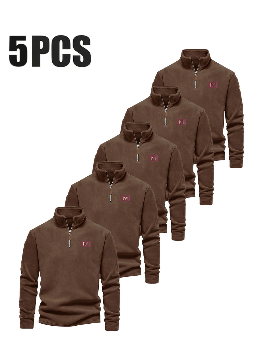 Men's Autumn/Winter Fashionable Simple Style Stand Collar Long Sleeve Sweatshirt 5pcs - Red-brown + red-brown + red-brown + red-brown + red-brown