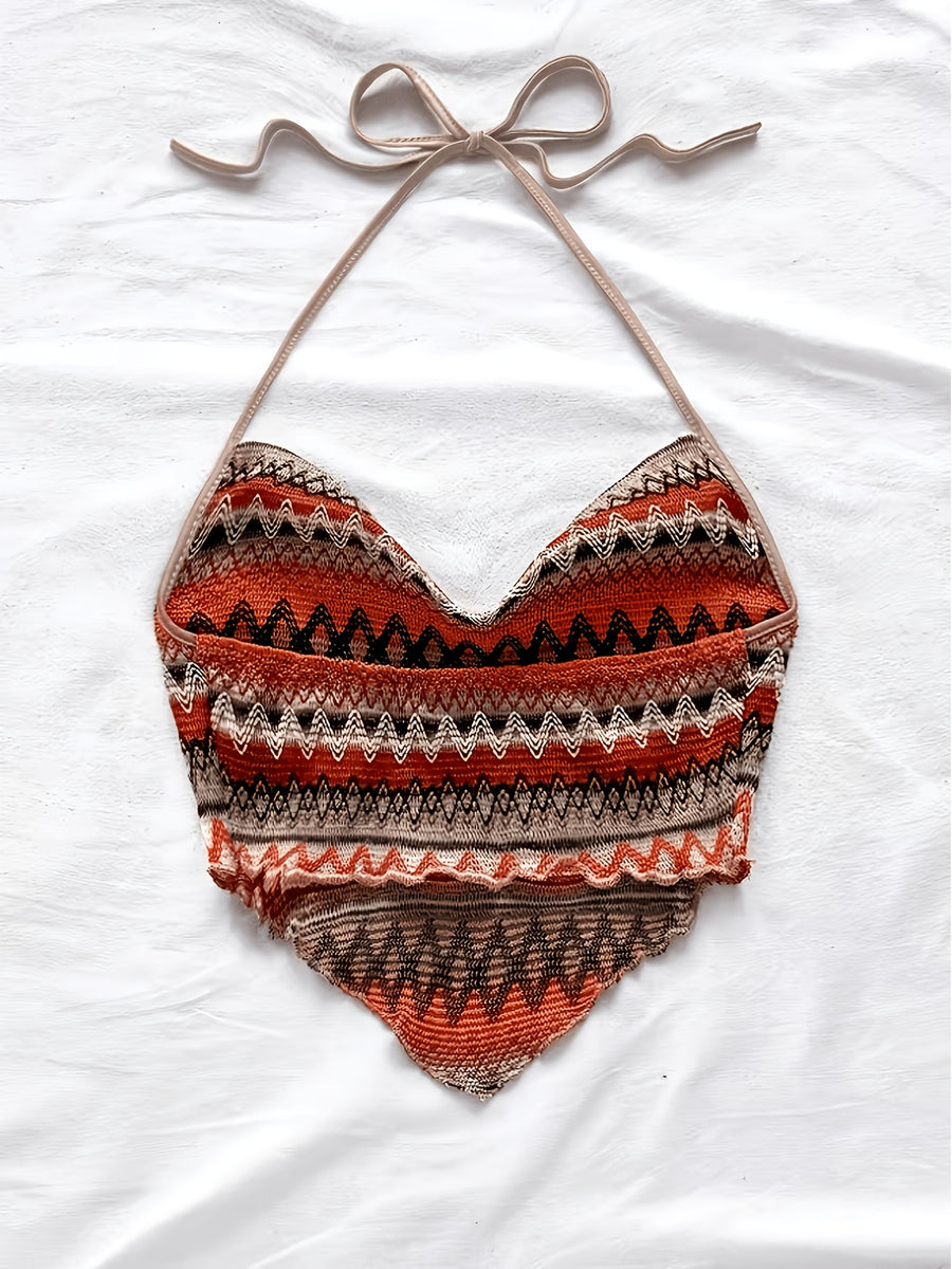 Bohemian Geometric Print Halter Neck Crop Top, Women's Triangle Hem Cami, Vintage Ethnic Sleeveless Tank Top, Summer Beach Casual Y2K Top - Multicolor