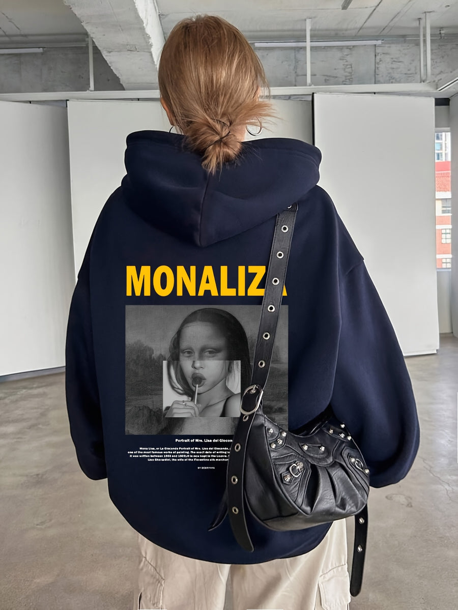 Women's Autumn/Winter -Lined Loose Hooded Sweatshirt - High-End Trendy, , Niche, Versatile, Daily Casual Abstract, Quirky, Fun, Vintage Portrait Pattern Print Top, Fashionable Sweet-Cool Street Y Hot Style, Suitable for Home, Outdoor Wear - Navy Color