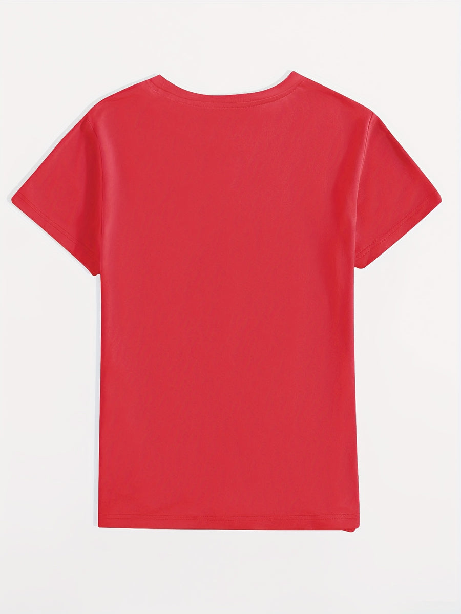 Leopard Print Cherry Pattern Casual Vintage T-Shirt, Short-Sleeve Round-Neck Top, Suitable for Autumn, Summer, And Spring, Women'S Clothing, Autumn Short-Sleeve Top, Everyday Wear - Red
