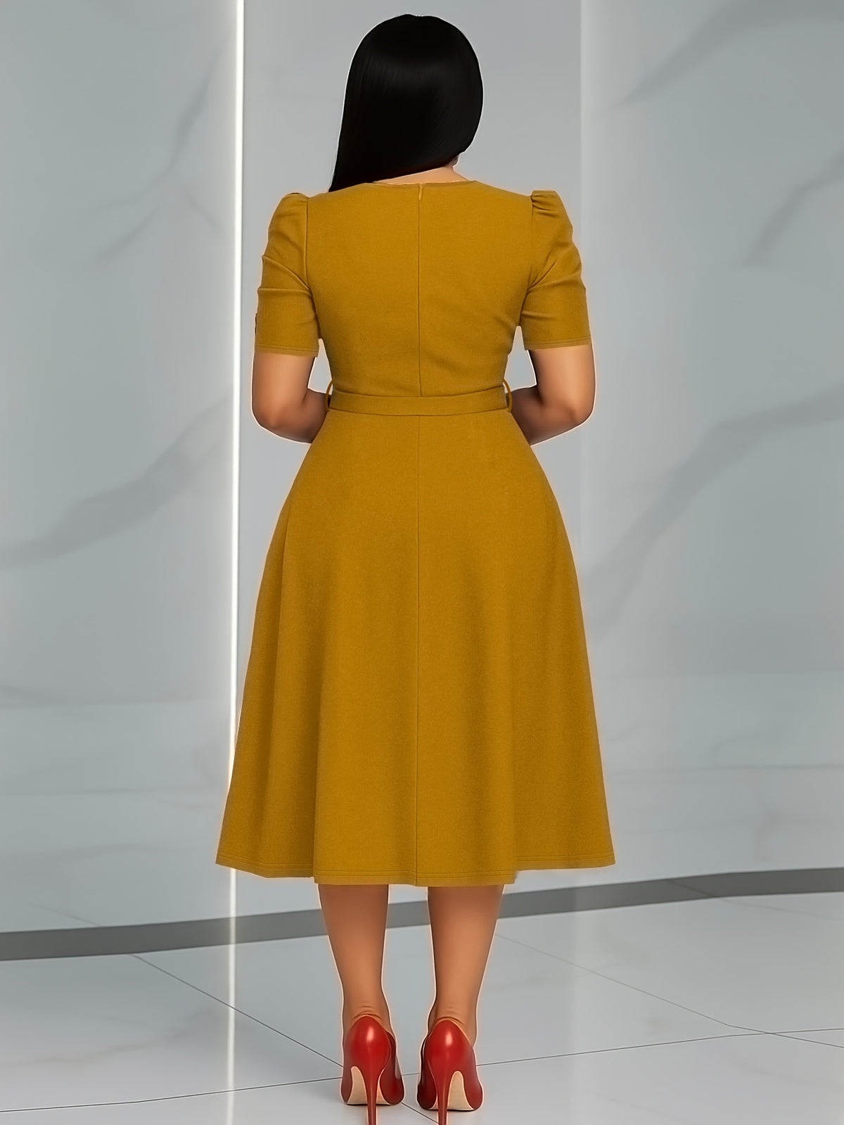 Women'S Elegant V-Neck Ruched Midi Dress, Solid Color Short Sleeve, Waist-Cinching Belt, Flowing Skirt, Perfect Spring Summer Outfit, Adult Fashion, Comfortable Daily Elegant Waist-Cinching Dress, Ruched Detail - ginger-colored
