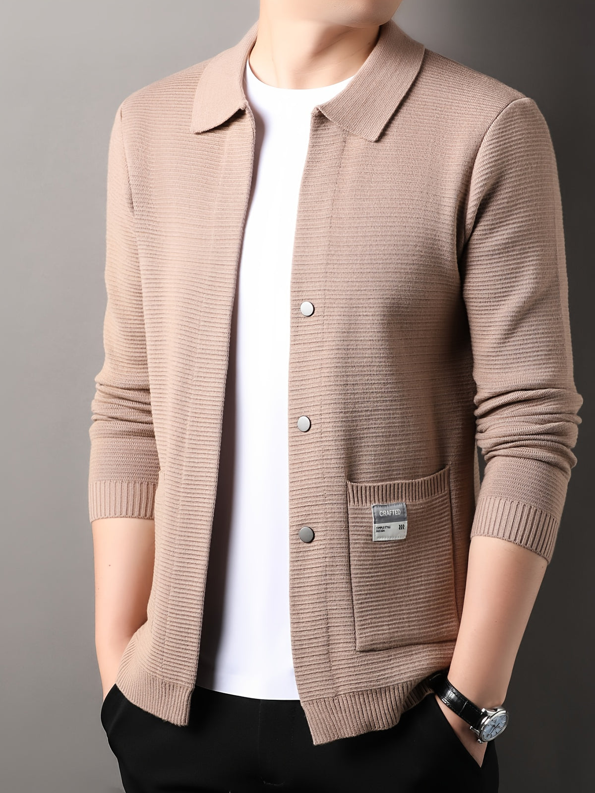 Men'S Autumn And Winter Cardigan with Long Sleeves, Casual Knitted Sweater with a Lapel - Camel