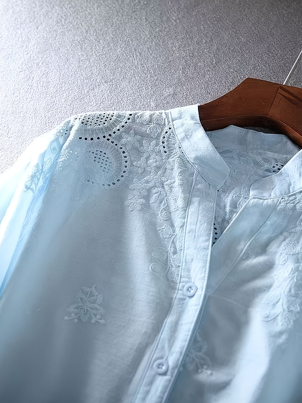 Vintage V-Neck Pure Embroidered Floral Loose Fit Casual French-Style Openwork Heavy Embroidery Shirt Top - Sky Blue
