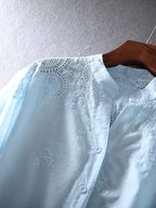 Vintage V-Neck Pure Embroidered Floral Loose Fit Casual French-Style Openwork Heavy Embroidery Shirt Top - Sky Blue