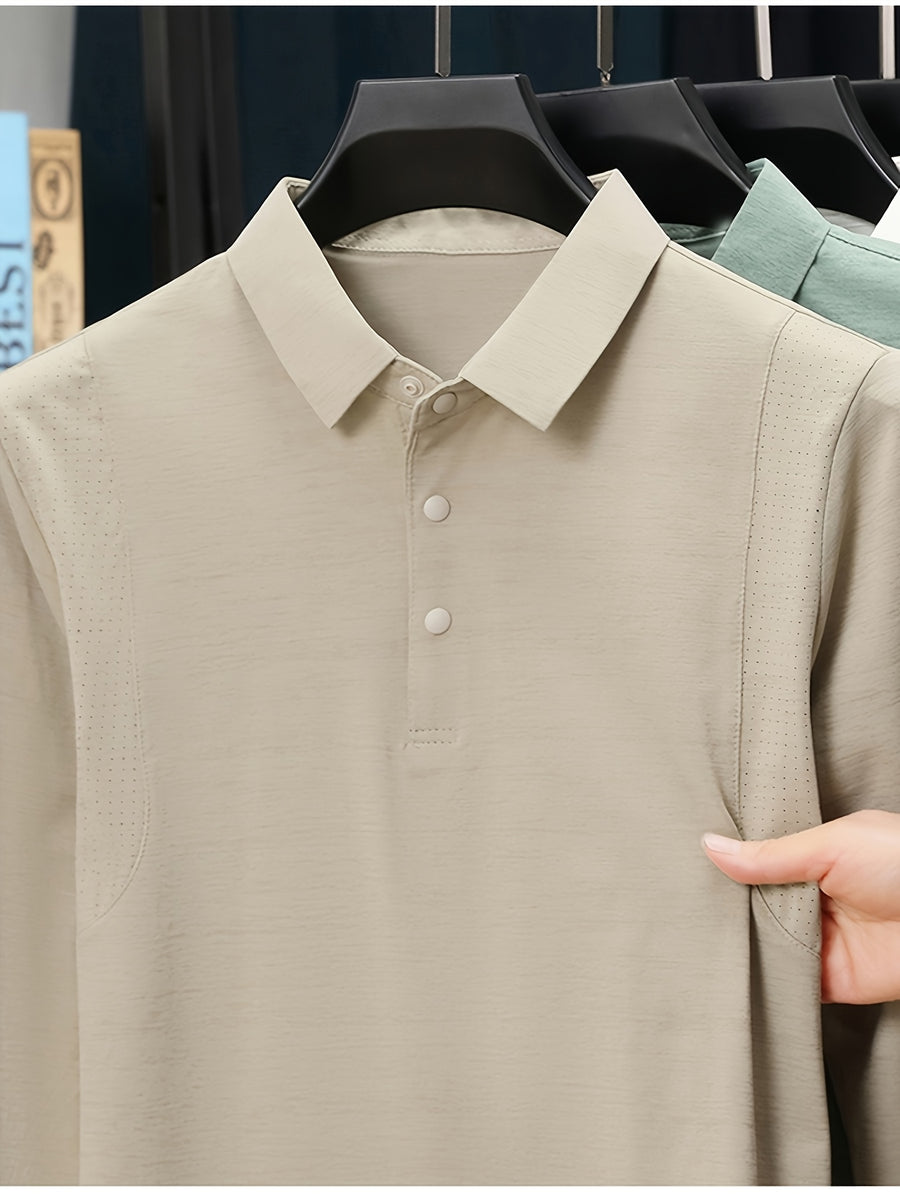 Men'S Lapel Long Sleeve Polo Shirt, Shoulder Mesh Texture Patchwork, Solid Color Minimalist Clean Cut Top, Office Commute, Outing Fishing, Home Casual Loose Men'S Long Sleeve T-Shirt - Khaki