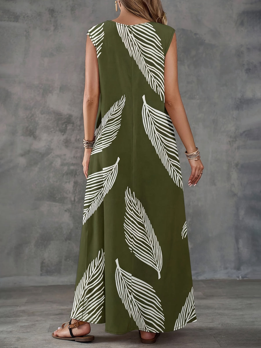 Women's Leaf-pattern V-neck Long Dress, Suitable for Summer Wear - Army Green