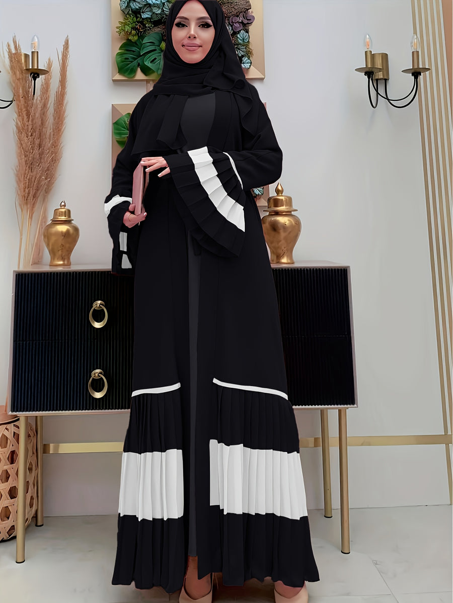 Ramadan 2025 Middle East Cross-border Women's Casual Color-block Pleated Muslim Abaya Open Cardigan - Black