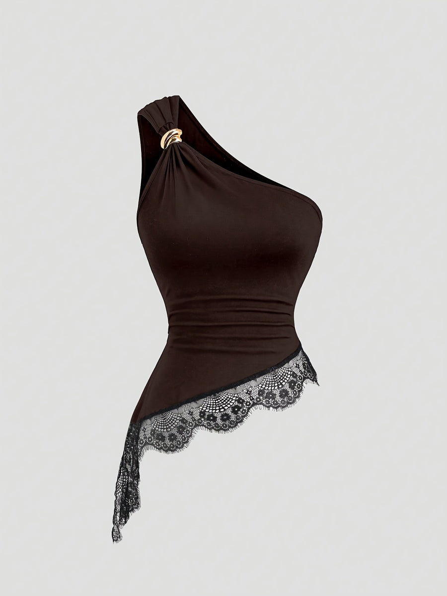 Sexy Lace Asymmetrical Hem Sleeveless Blouse with Metal Buttons, Women's Casual Summer Vacation Top - Coffee Brown