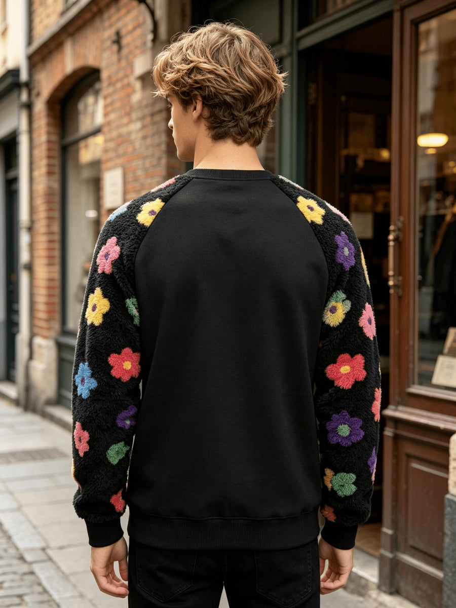 Men'S Autumn Winter Round Neck Plush Sweatshirt, Drop Shoulder Plush Sweatshirt, Featuring Floral Plush Color-Block Patchwork And Solid Color Design, Wrinkle-Resistant Soft Knit Material, Very Practical. Suitable for Students' Daily Wear on Campus - Black