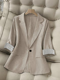 New Women'S Fashion Casual Office Commute Lapel Striped Patchwork Single Button Slim Fit Seven-Sleeve Women'S Suit Jacket 603# - Linen