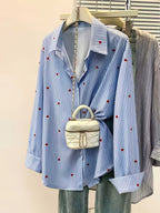 Women'S Heart Print Polo Collar Striped Shirt - Casual Collared Long Sleeve Blouse, Perfect for Spring Summer Fall Casual Wear - Blue