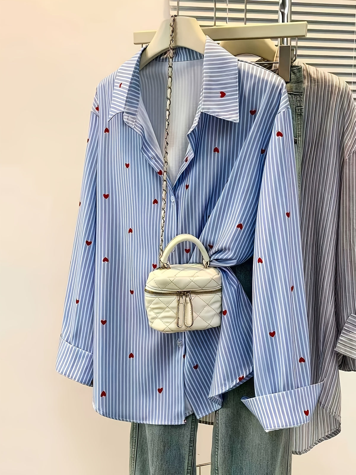 Women'S Heart Print Polo Collar Striped Shirt - Casual Collared Long Sleeve Blouse, Perfect for Spring Summer Fall Casual Wear - Blue